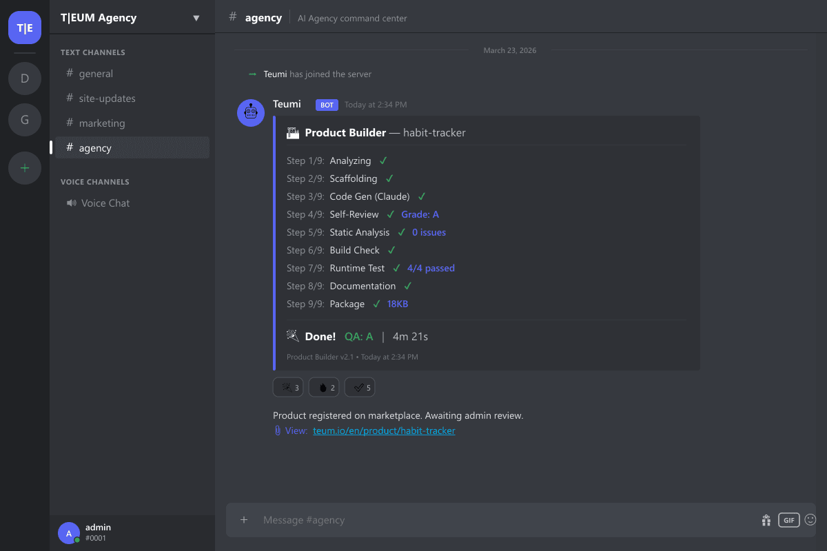 Teumi — Bot d'agence IA Discord (Constructeur de produits + Marketing + Monitoring) 1