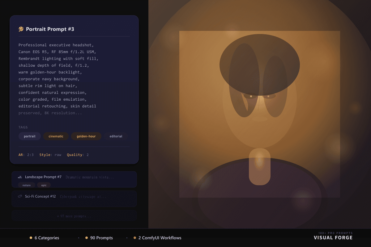 Visual Forge — 100+ פרומפטים ל-Midjourney, DALL-E, Flux ו-ComfyUI 1